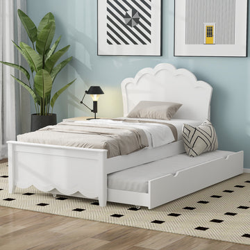 Twin Size Wood Platform Bed With Headboard And Twin Size Trundle, White Box Spring Not Required Twin White Wood Bed Frame Solid Wood Mdf