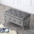 1Pc Glam 38 Inches Storage Ottoman Bench For Upholstered Tufted Gray Velvet Polyester Organizer Bedroom Living Room Entryway Hallway Tufted Gray Polyester Primary Living Space Solid Grey Traditional Foam Faux Leather