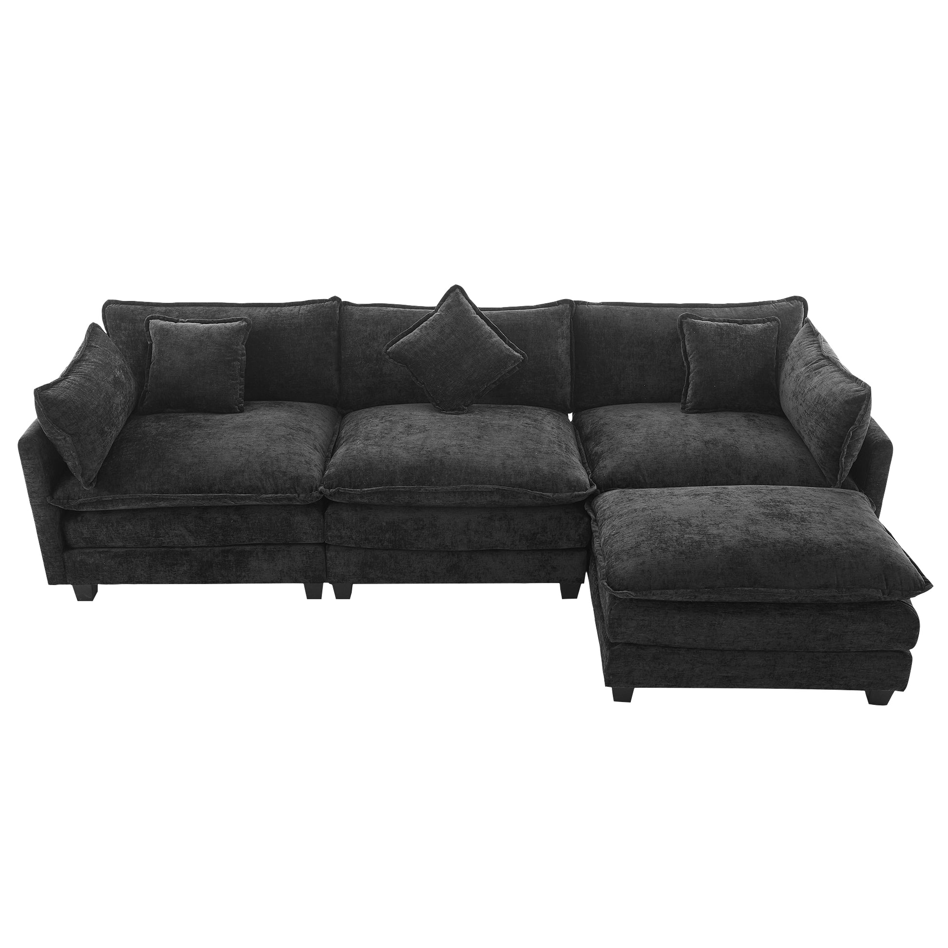 112.2" L Shape Chenille Upholstered Sofa For Living Room Modern Luxury Sofa Couch With Ottoman And 5 Pillows For Living Room Sg001160Aa , Black Black Foam 4 Seat