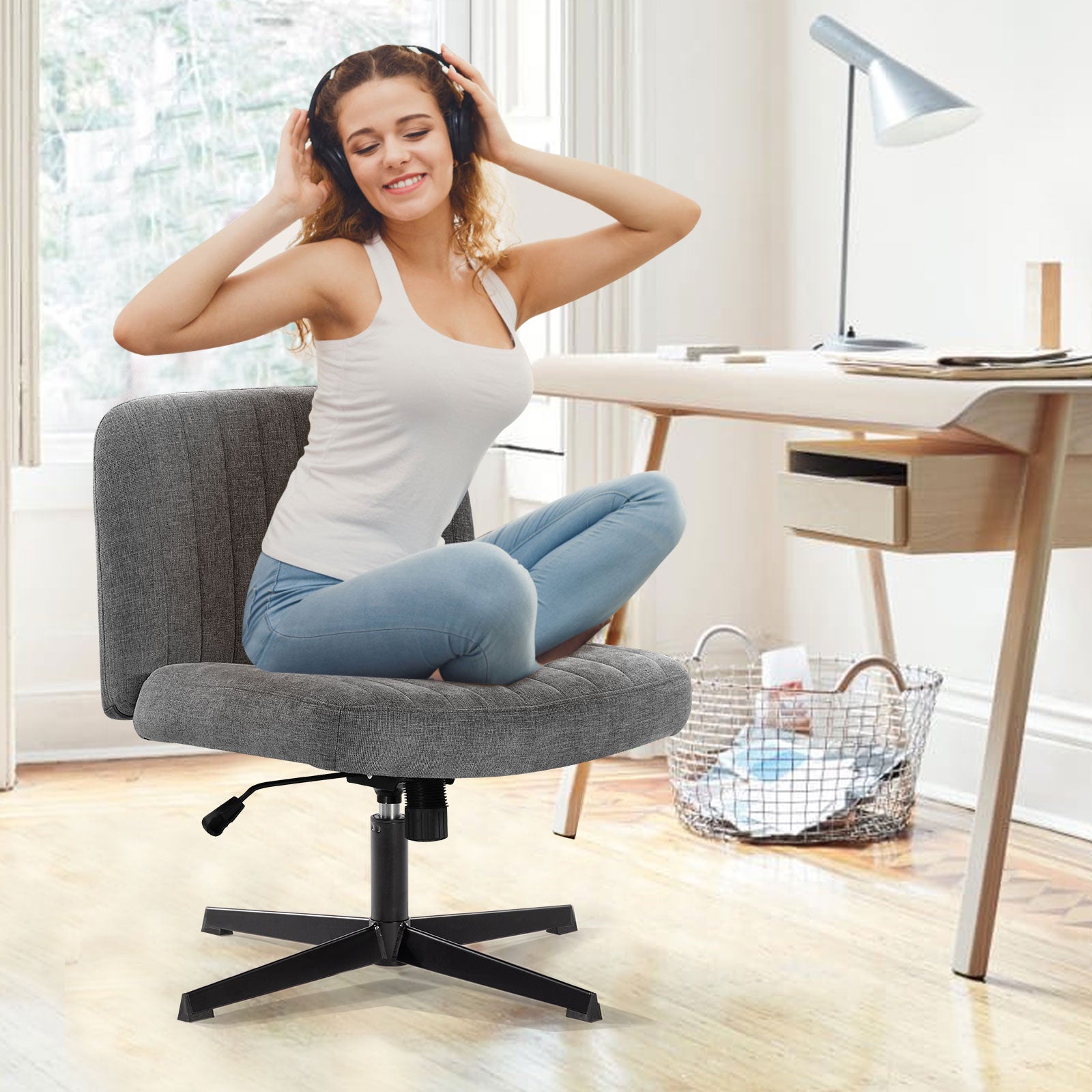 Office Chair Armless Desk Chair No Wheels, Fabric Padded Wide Seat Home Office Chairs, 115 Rocking Mid Back Cute Computer Chair For Bedroom, Vanity, Makeup,Dark Grey Dark Grey Foam Cotton Linen