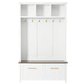 Versatile 4 In 1 Hall Tree With 6 Golden Hooks, Brown Wood Grain Bench With Multiple Storage Space, Entryway Coat Rack With 2 Drawers For Living Room, Hallway, White, 47.2''W*76.6''H White Primary