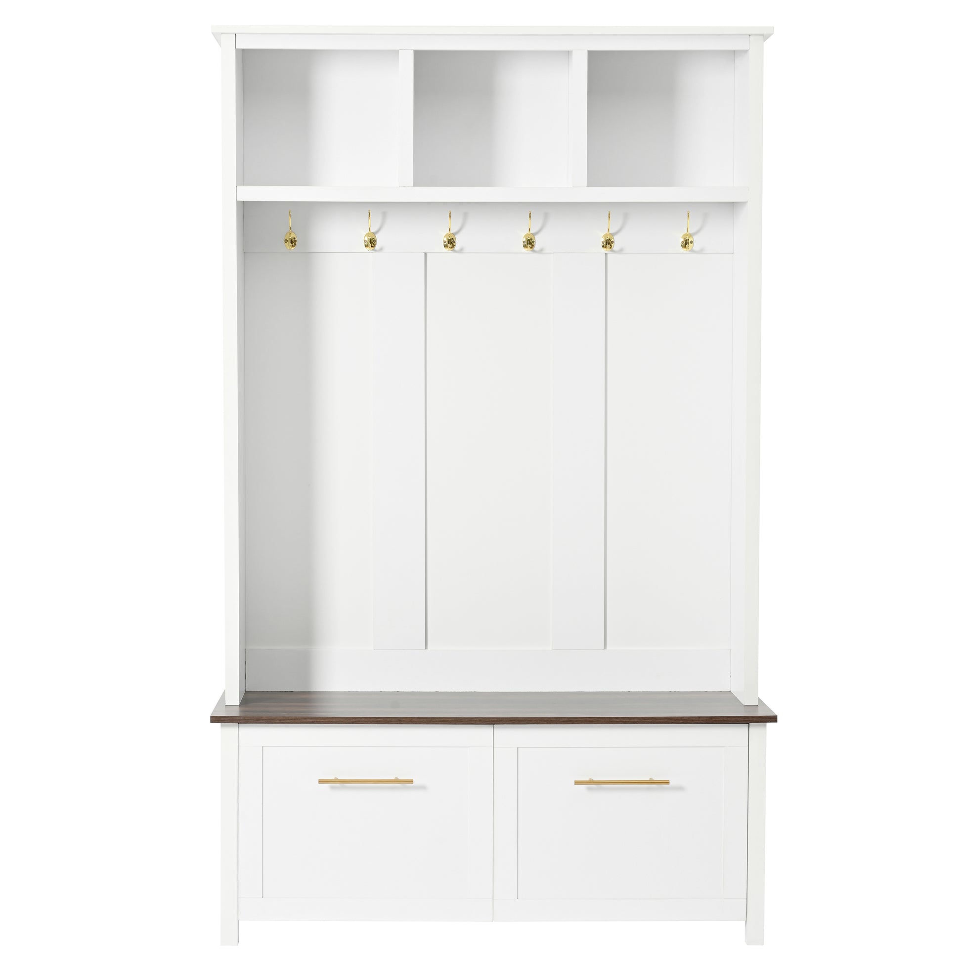 Versatile 4 In 1 Hall Tree With 6 Golden Hooks, Brown Wood Grain Bench With Multiple Storage Space, Entryway Coat Rack With 2 Drawers For Living Room, Hallway, White, 47.2''W*76.6''H White Primary