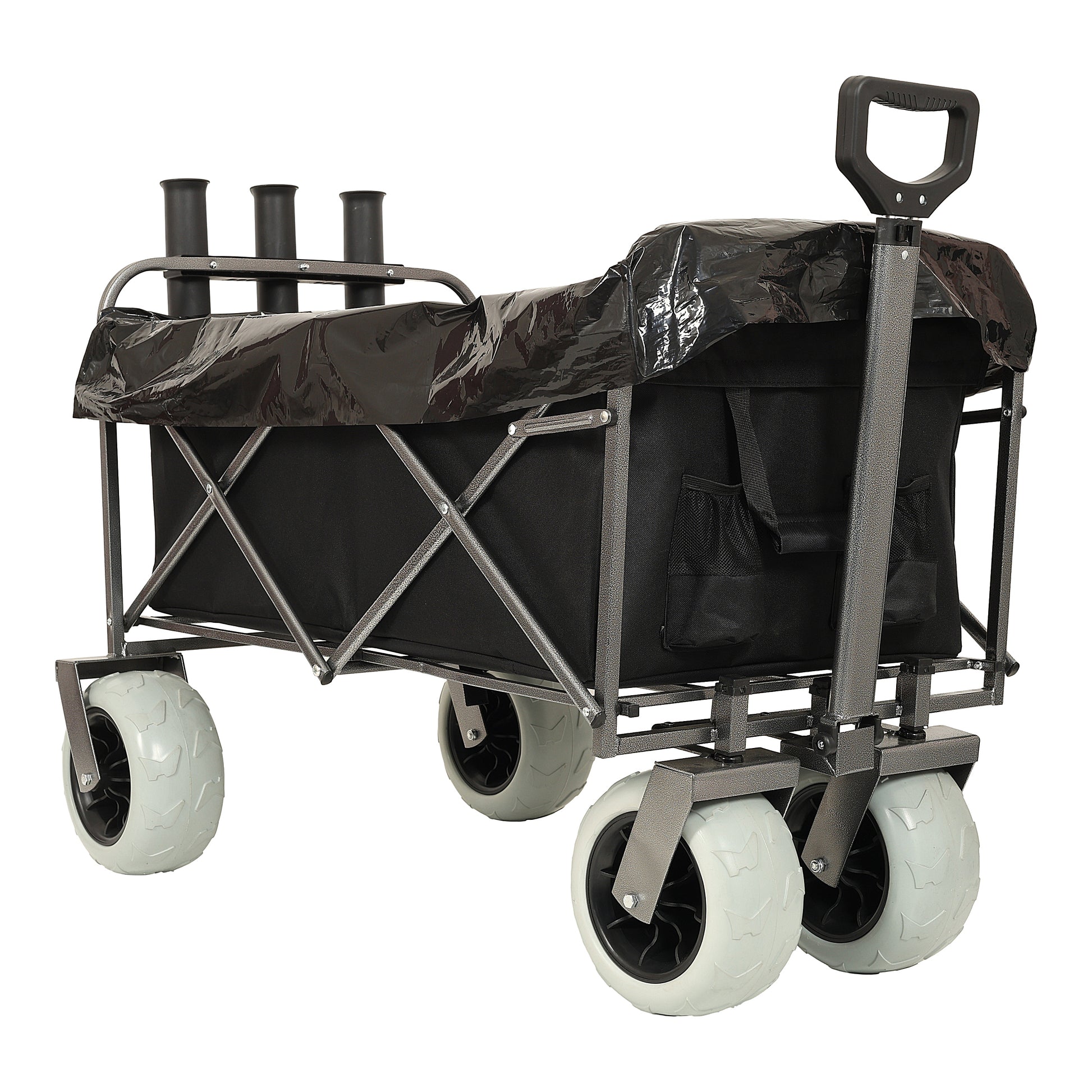 Fishing Cart With Rod Holders ,Beach Wagon With Big Wheels For Sand 500Lbs Capacity All Terrain Steel Frame Utility Cart With 9" Pneumatic Tires,Strap With Multiuse Bag ,Black Black Steel