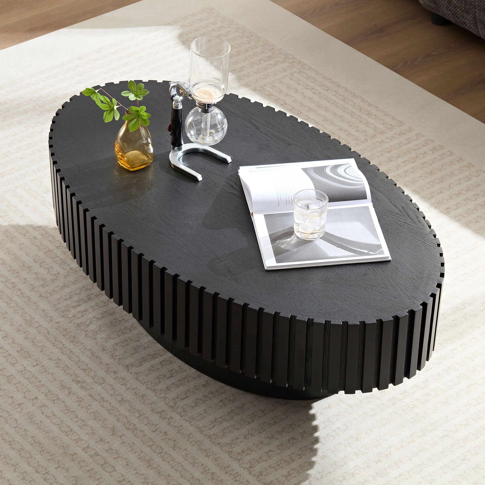 Modern Handcraft Drum Coffee Table Length 43.7 Inch Ellipse Coffee Table For Living Room,Small Coffee Table With Sturdy Pedestal,Black Mdf Matt Black Mdf