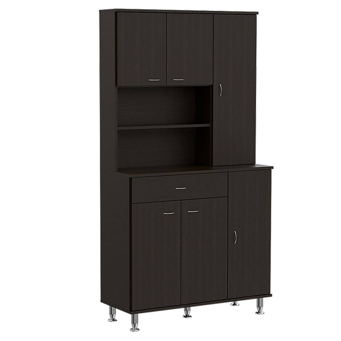 Kitchen Pantry Cabinet, Two Open Shelves, One Drawer, Multiple Cabinets, Black Black Solid Wood Mdf Engineered Wood