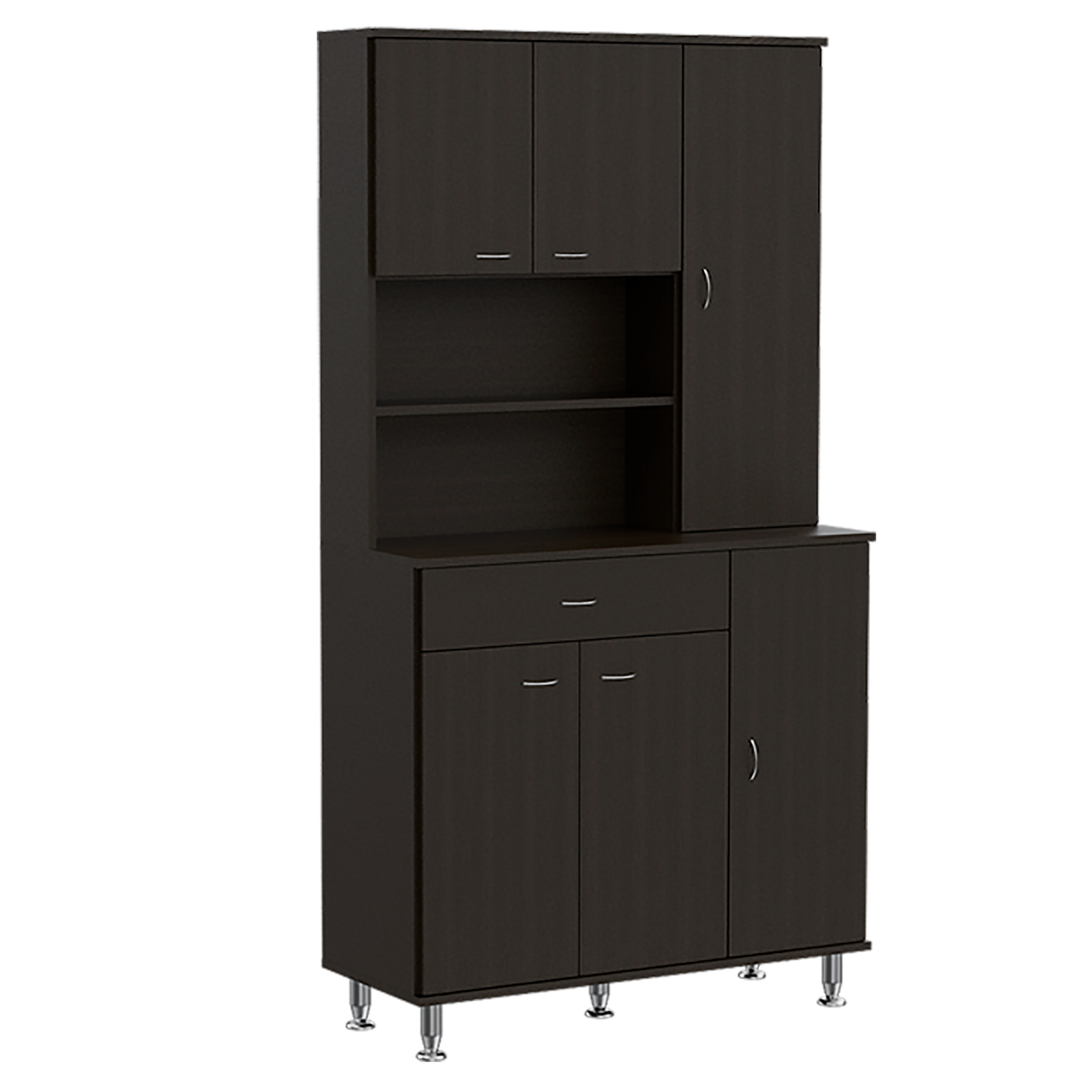 Kitchen Pantry Cabinet, Two Open Shelves, One Drawer, Multiple Cabinets, Black Black Solid Wood Mdf Engineered Wood