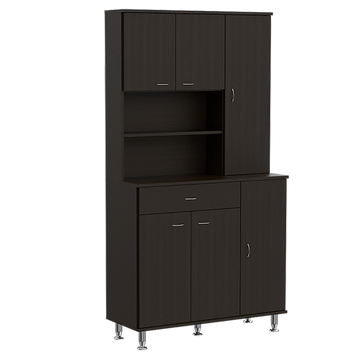 Kitchen Pantry Cabinet, Two Open Shelves, One Drawer, Multiple Cabinets, Black Black Solid Wood Mdf Engineered Wood