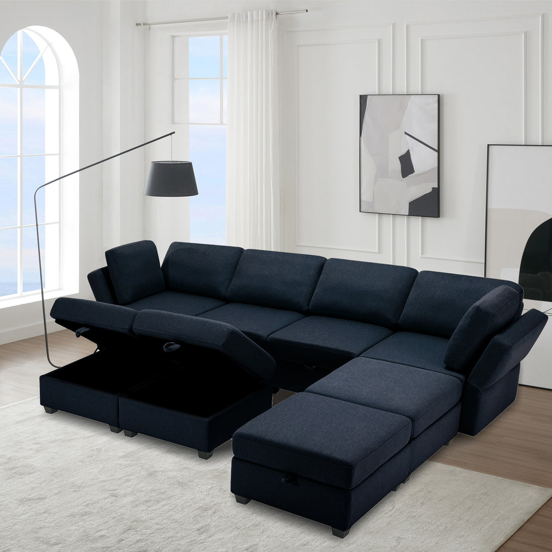 Adjustable Arms And Backs Sectional Sofa, Modern Sectional Couch U Shaped Sofa Couch With Storage Ottoman, Sofa With Convertible Chaise Blue Blue Polyester 4 Seat