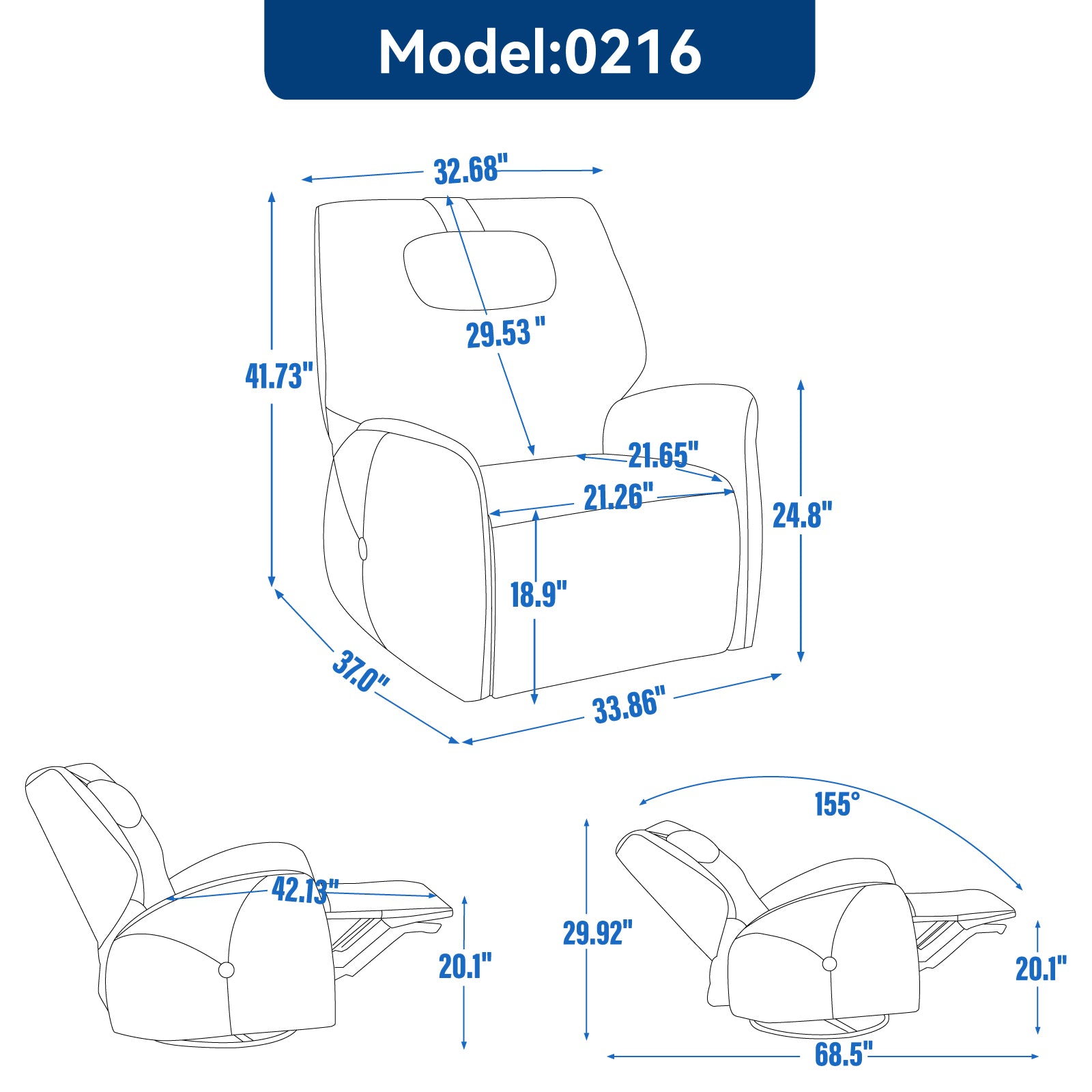 Blue Swivel And Rocker Power Recliner Chair With Lumbar And Neck Support Pillow, Max Swivel Degree 270 , Heavy Duty Motion Mechanism With Usb And Type C Ports Blue Polyester Power Push Button Metal Primary Living Space Medium Firm Tight Back Heavy Duty