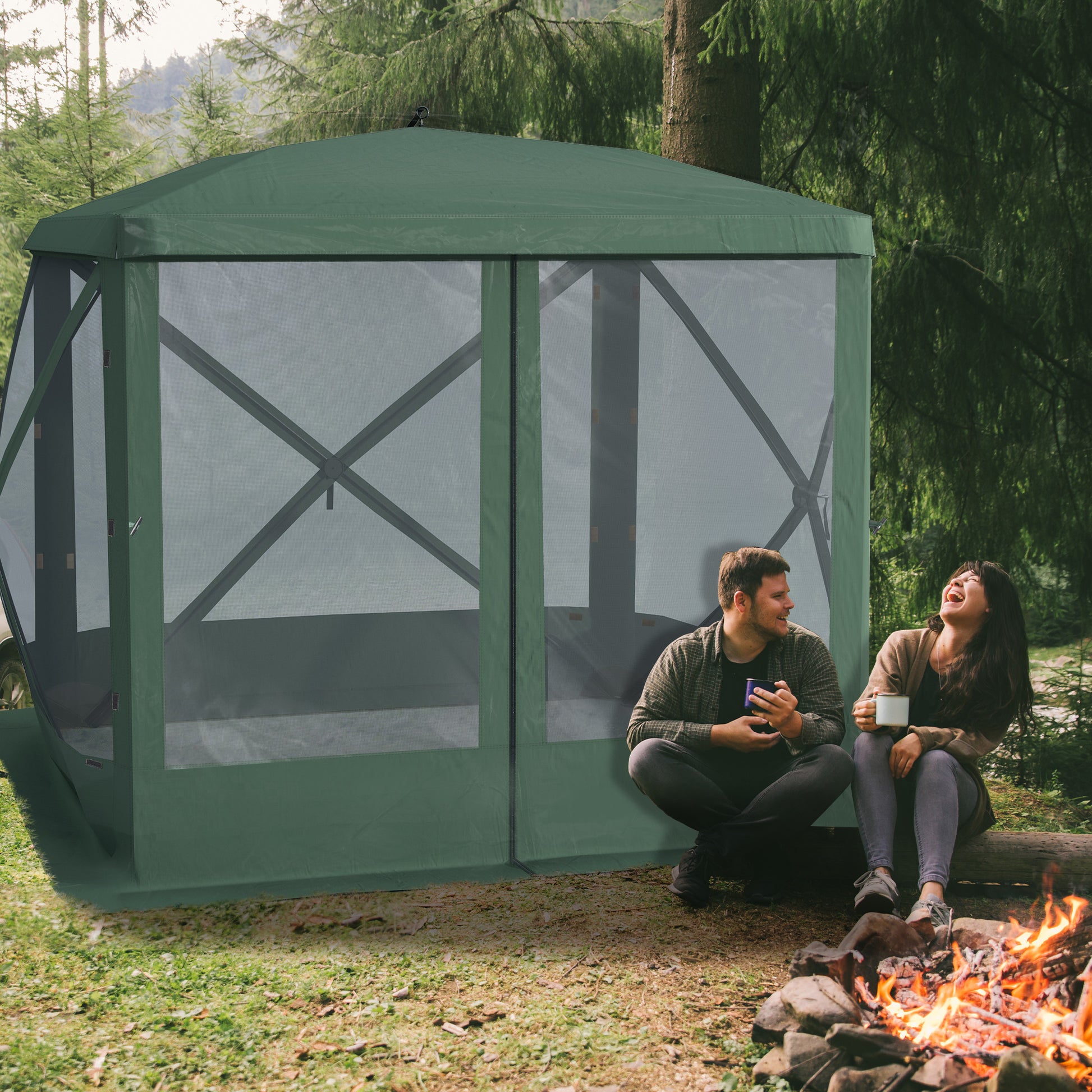 Outsunny Pop Up Camping Canopy Gazebo Screen Shelter Tent With Single Person Easy Set Up, Ventilating Mesh, Portable Carry Bag For Outdoor Camping Party Event, 7X7Ft, Green Green Polyester