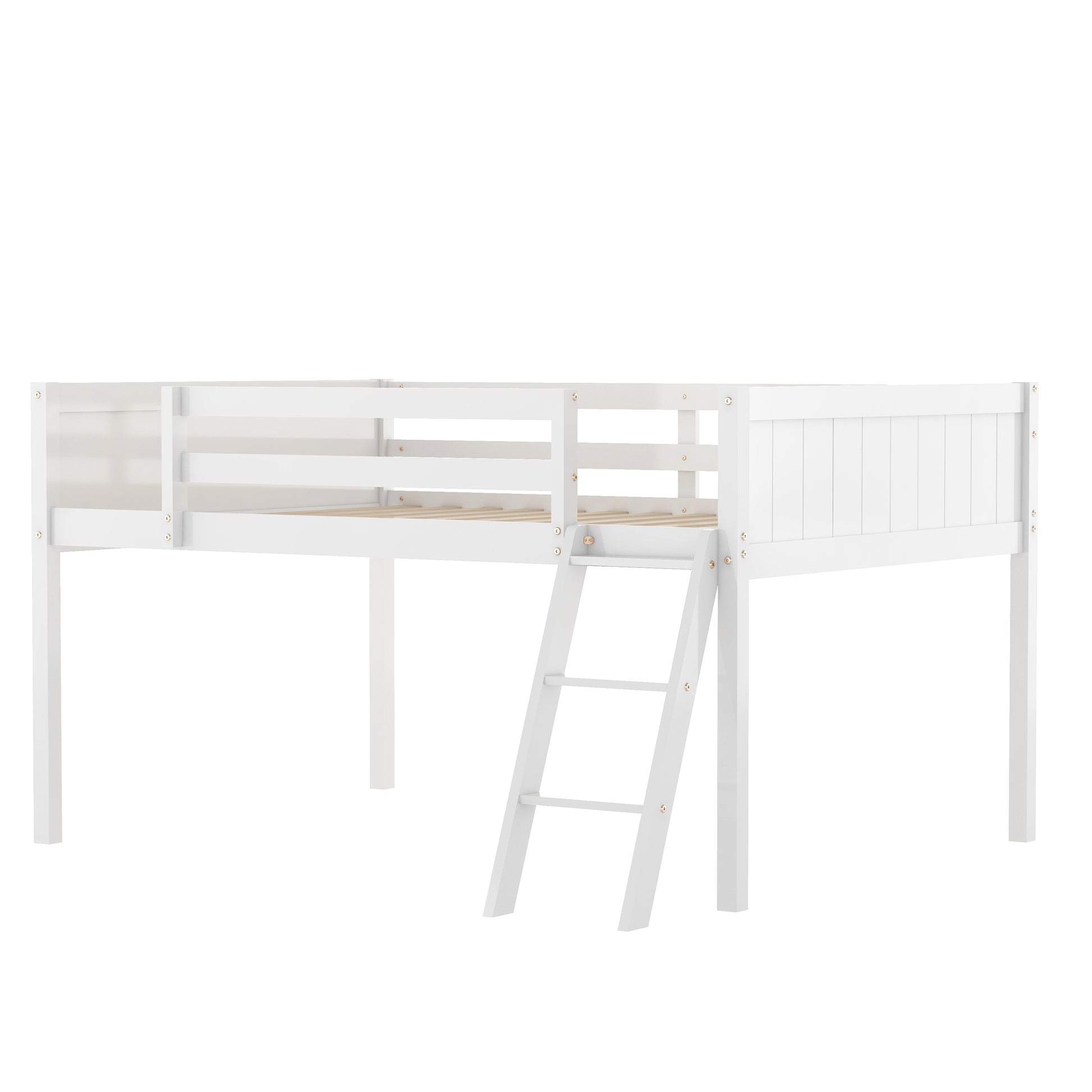 Full Size Wood Low Loft Bed With Ladder, Ladder Can Be Placed On The Left Or Right, White Oid Sku: Gx000366Aak Box Spring Not Required Full White Wood Bedroom Solid Wood Mdf