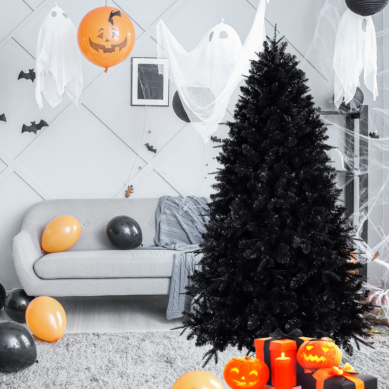 9Ft Pre Lit Black Christmas Tree, Full Halloween Xmas Artificial Tree 3176 Branch Tips, 750 Lights, Metal Hinges, Foldable Base, Holiday Decoration Black Black Polyethylene