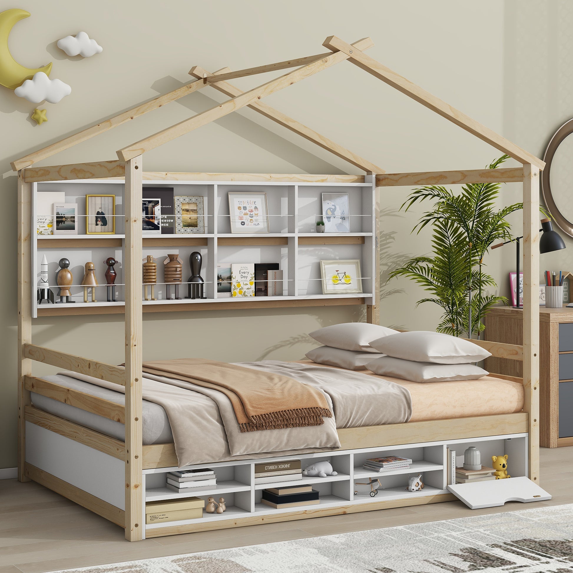 Full House Bed With Roof Frame, Bedside Shelves, Under Bed Storage Unit,Natural Full Natural American Design Pine