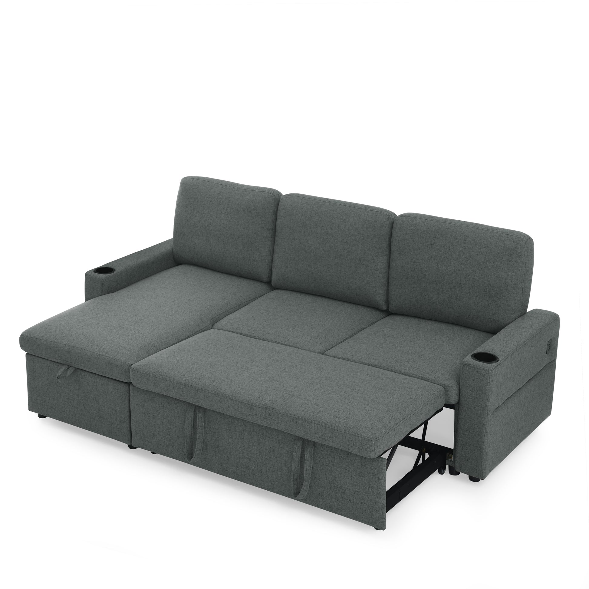 Linen Upholstered Sleeper Sectional Sofa, Shaped Modular Convertible Sofa With Storage Chaise,Side Armrests With Cup Holders,Pull Out Sleep Couch Bed ,Usb Port On The Right,Grey Full Grey Linen