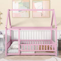 Full Size Floor Wooden Bed With House Roof Frame, Fence Guardrails ,Pink Full Pink Pine