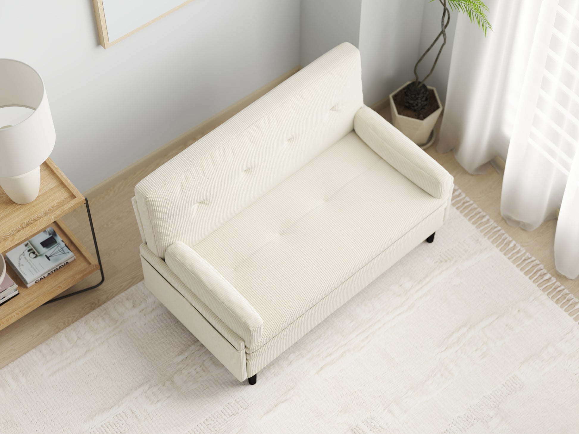 Ivory Corduroy Loveseat, Convertible Lounge Chair And Bed Ivory Velvet Metal Primary Living Space Medium Soft Loose Back Pillow Top Arms Foam Fabric Metal 2 Seat