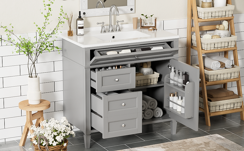 36'' Bathroom Vanity With Top Sink, Modern Bathroom Storage Cabinet With 2 Drawers And A Tip Out Drawer, Single Sink Bathroom Vanity Grey Bathroom Solid Wood Mdf Ceramic,Solid Wood Mdf