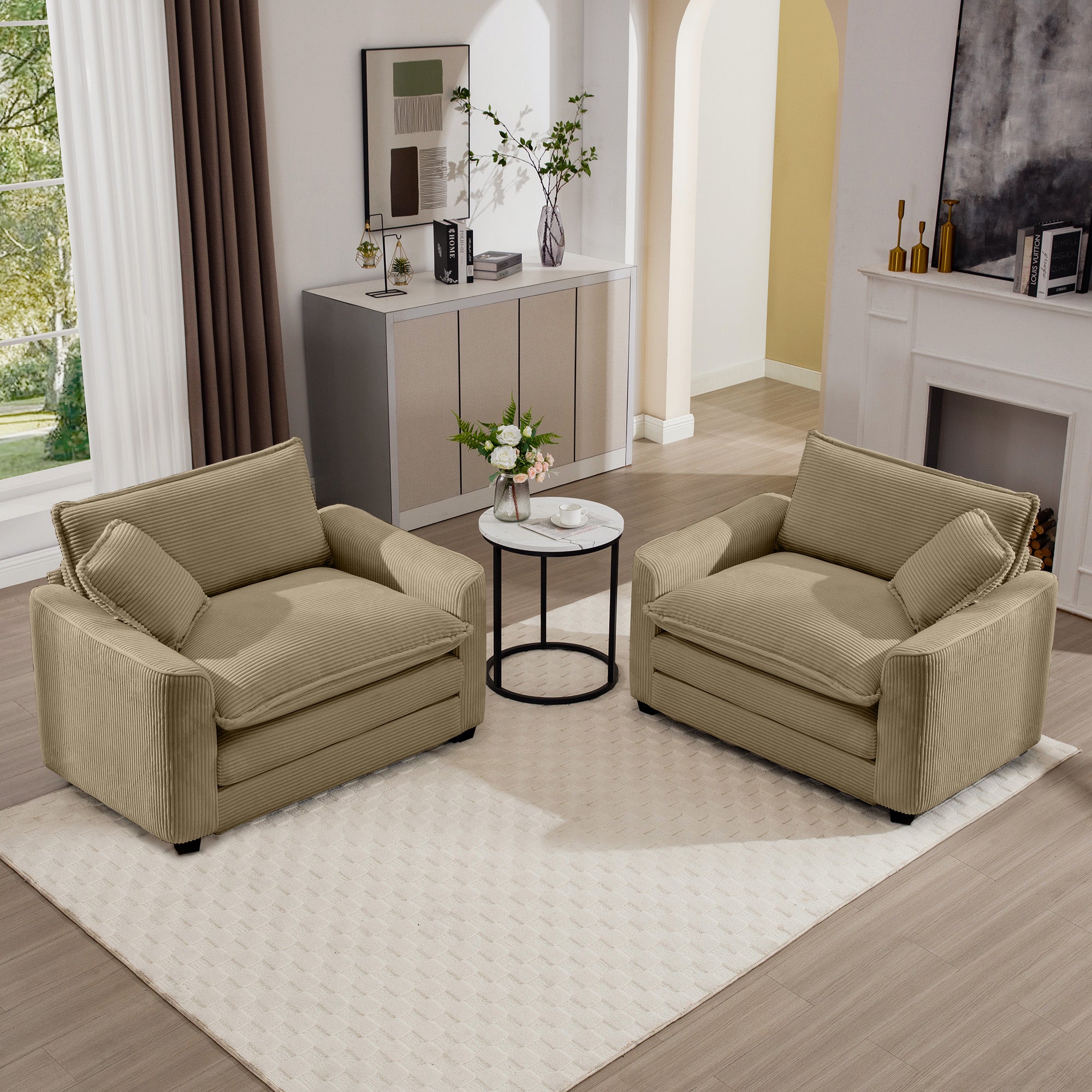 Luxurious And Sophisticated Deep Seated Sofa Set With Two Single Chairs In Tan Corduroy Fabric, Suitable For Bedroom And Office Tan Corduroy 2 Seat