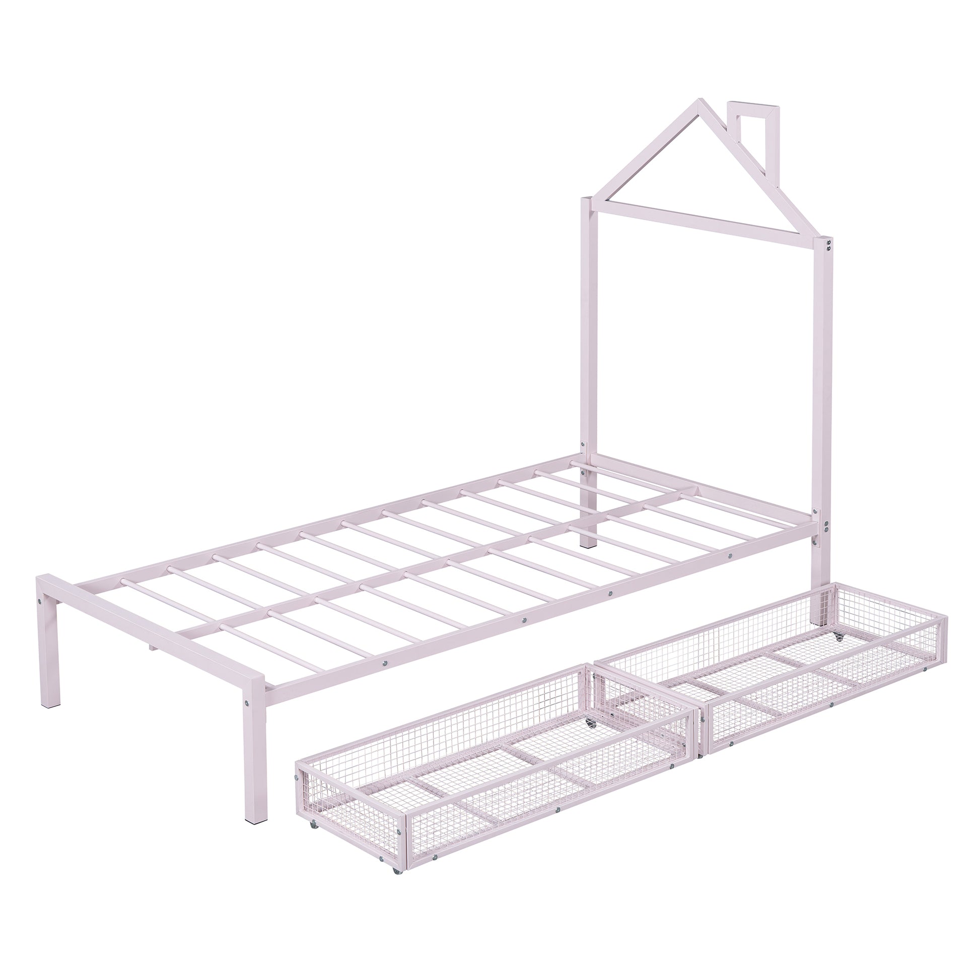 Twin Size Metal Platform Bed With Two Drawers,House Shaped Headboard Design, Pink Twin Pink Metal