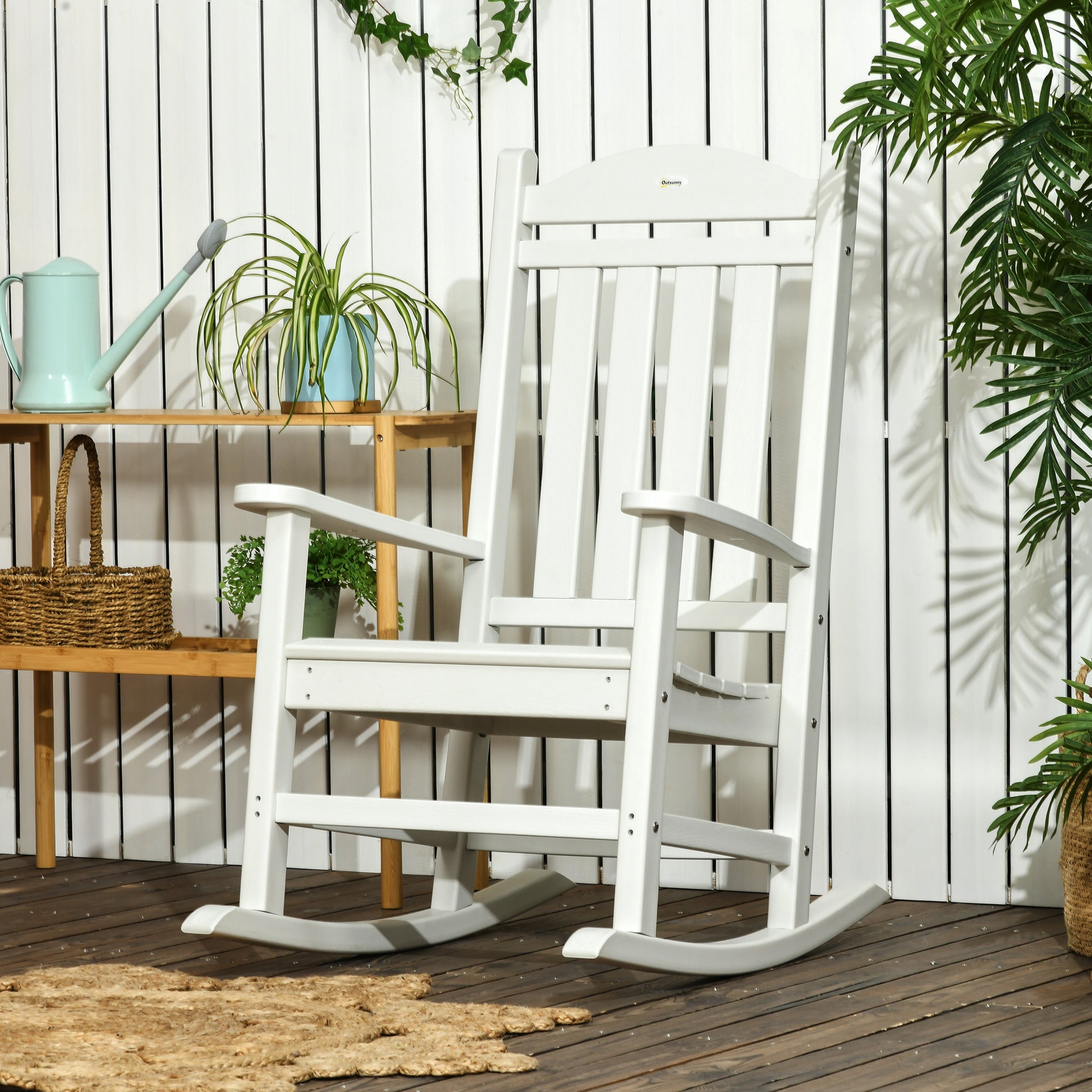Outsunny Outdoor Rocking Chair, All Weather Resistant Hdpe Rocking Patio Chairs With Rustic High Back, Armrests, Oversized Seat And Slatted Backrest, 350Lbs Weight Capacity, White White Plastic