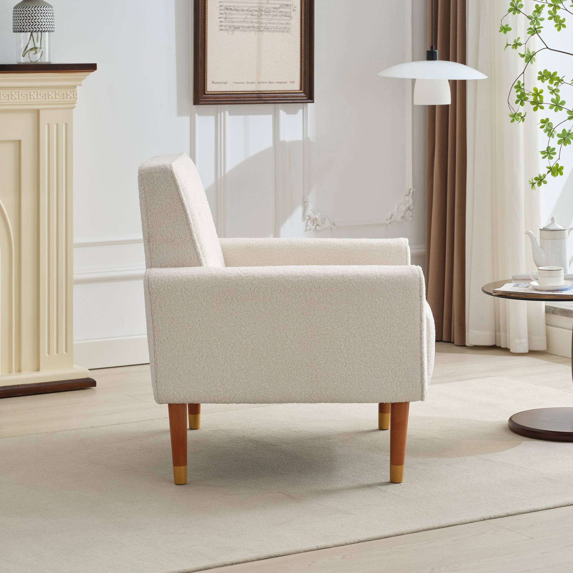 Mirod Classic Biscuit Style Accent Chair Comfortable Armrests, Soft Fabric, Elegant Solid Wood Legs With Gold Finish, Easy Assembly Beige Boucle