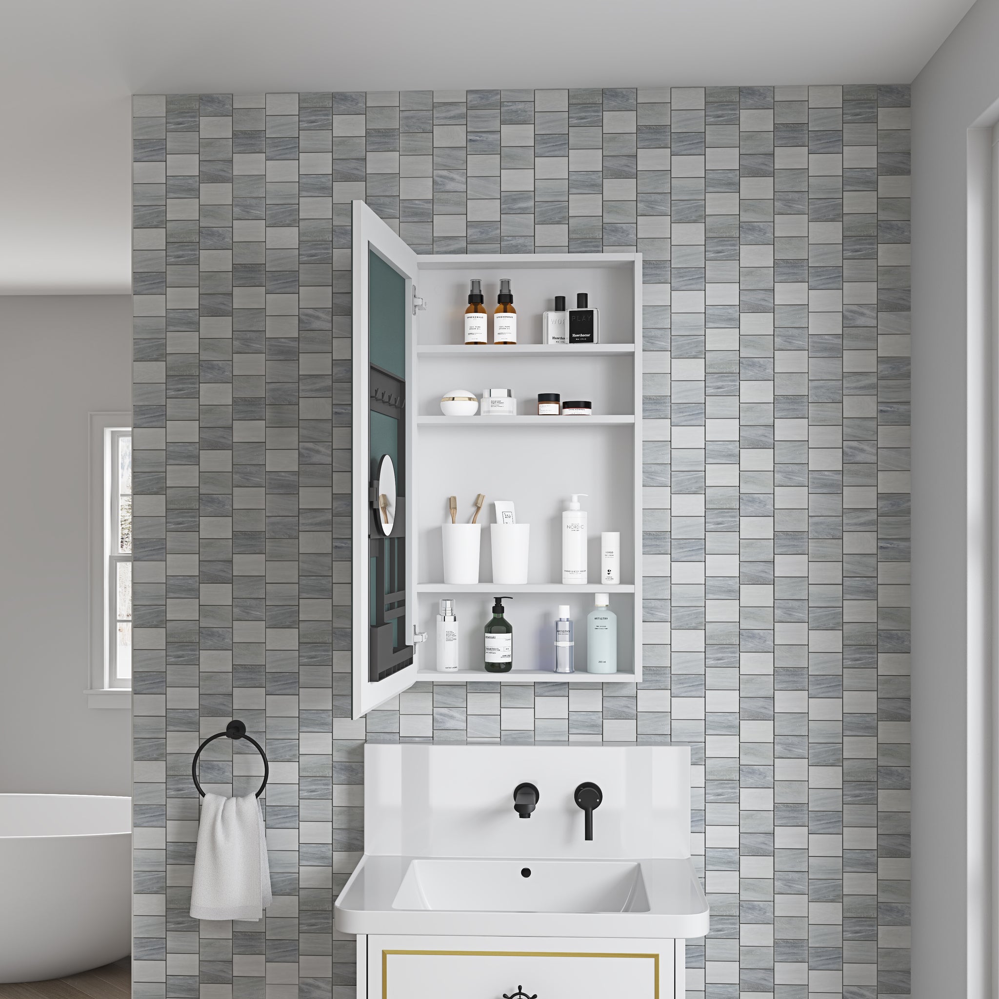 20'' W X 36'' H Bathroom Mirror Medicine Cabinet Wooden Door Medicine Cabinets For Bathroom, Wall Mounted Recessed Or Surface, Bathroom Mirror With Storage, Left Opening Door White Engineered Wood