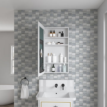 20'' W X 36'' H Bathroom Mirror Medicine Cabinet Wooden Door Medicine Cabinets For Bathroom, Wall Mounted Recessed Or Surface, Bathroom Mirror With Storage, Left Opening Door White Engineered Wood