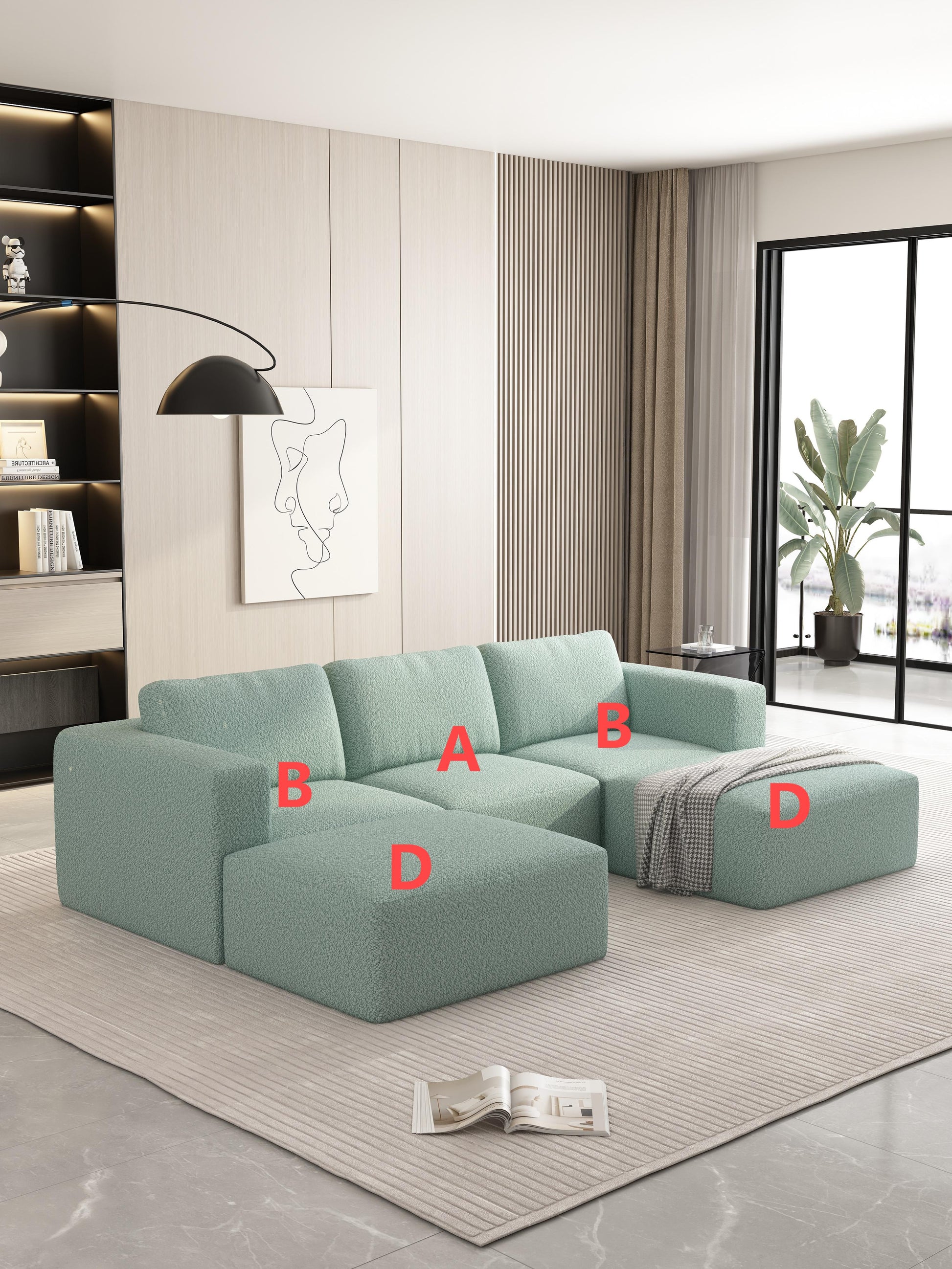 104.32*66.92 Modular Sectional Sofa Sleeper Couch, Sectional Sofa With Chaise And Ottoman, Convertible U Shaped Modular Sofa Set. Compressed Spon, Light Green Combo A 2B 2D Light Green Primary Living Space Soft Minimalist,Modern Foam Spring 5 Seat