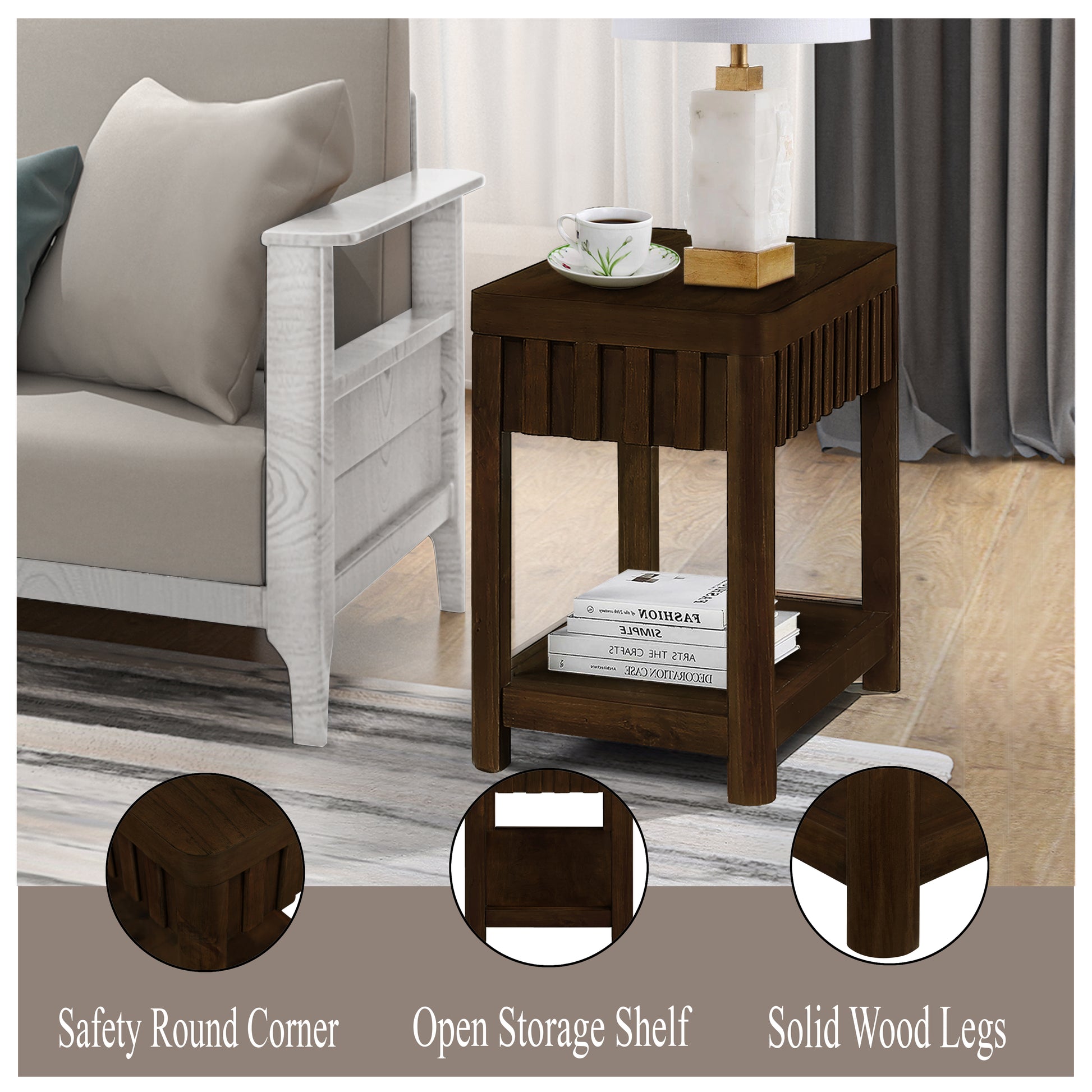 25'' Rectangular Farmhouse End Table With Storage Shelf, Sofa Side Table With Solid Wood Legs For Living Room, Bedroom, Office, Espresso Espresso Pine