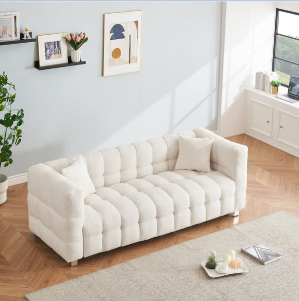 Beige White And Teddy Plush Sofa 80 Inch Discharge In Living Room Bedroom With Two Throw Pillows Hardware Foot Support Beige Polyester Blend 3 Seat