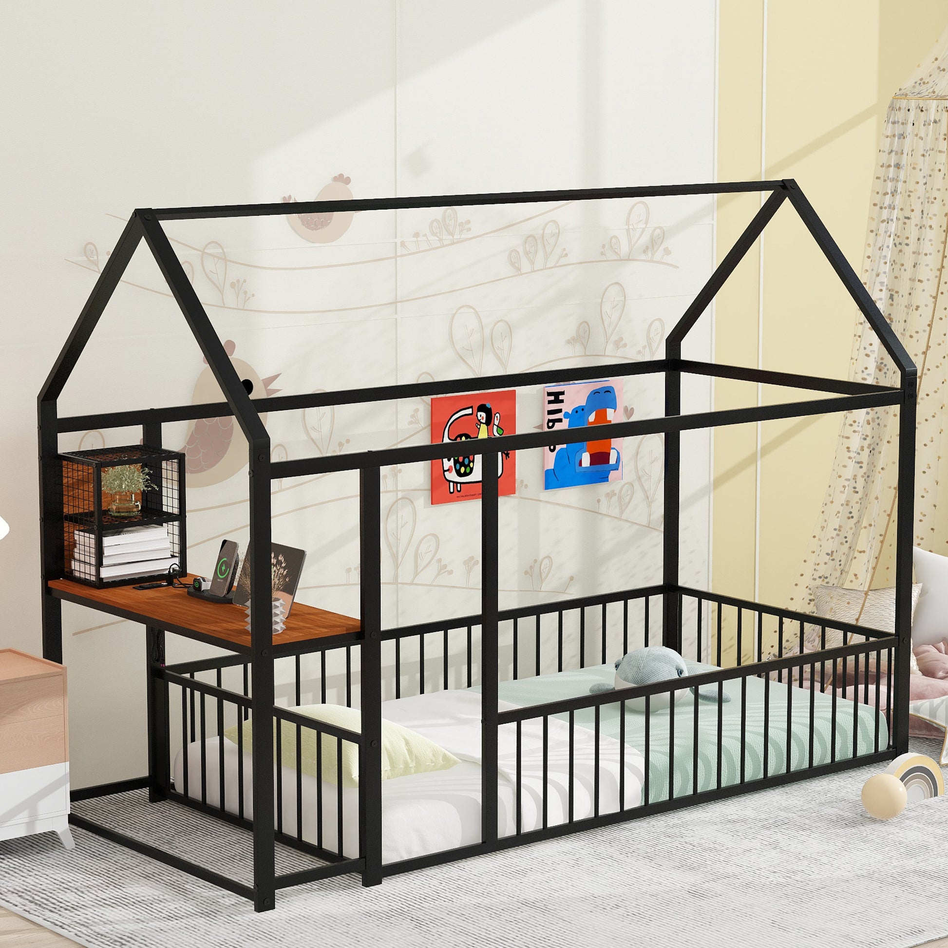 Twin Size Metal Bed House Bed Frame With Desk, Shelves, Power Outlets And Usb Ports, Black Twin Black Metal