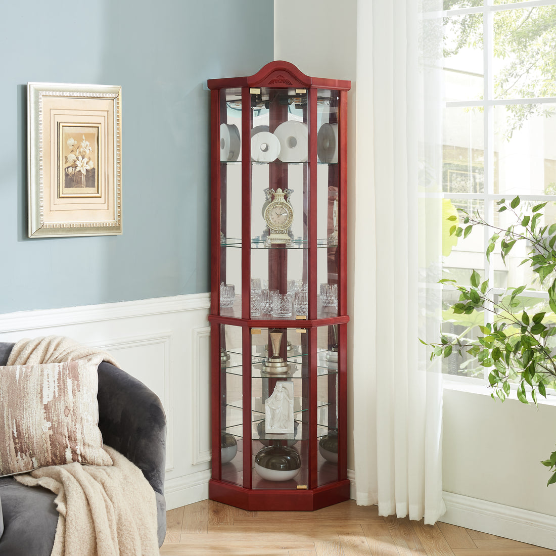 Glass Cabinet Lighted Corner Cabinet Corner Display Curio Cabinet, Glass Display With Light Included Bar Cabinet,Wine Cabinet With Adjustable Glass Shelves Carved Decoration Cherry Light Included Cherry Mdf Glass