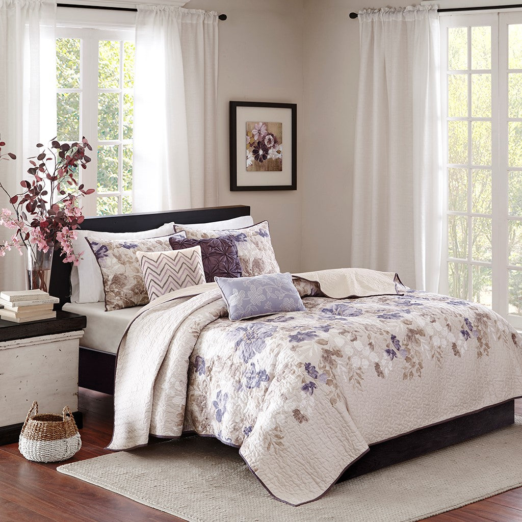 6 Piece Printed Quilt Set With Throw Pillows Taupe Full Queen Full Multicolor Cotton