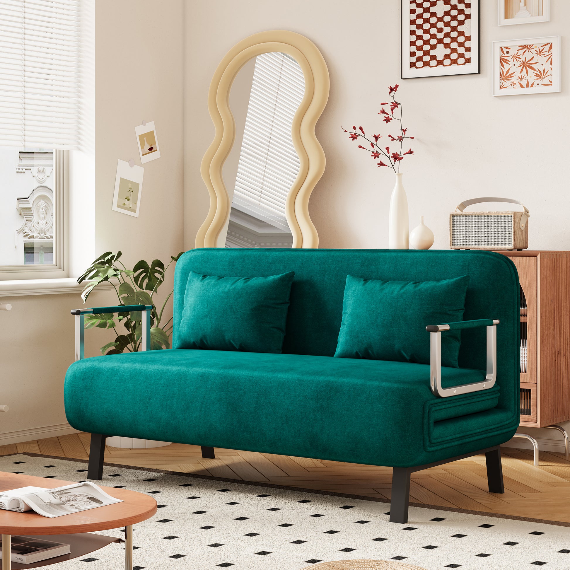 Velvet Antique Green 55 Convertible Chair Bed, Tri Fold Sofa Bed With Adjustable Backrest & Pillow, Leisure Chaise Lounge Couch With Sturdy Steel Frame For Home & Office, Comfortable Sleeper Chair Antique Green Velvet Metal Primary Living Space Medium