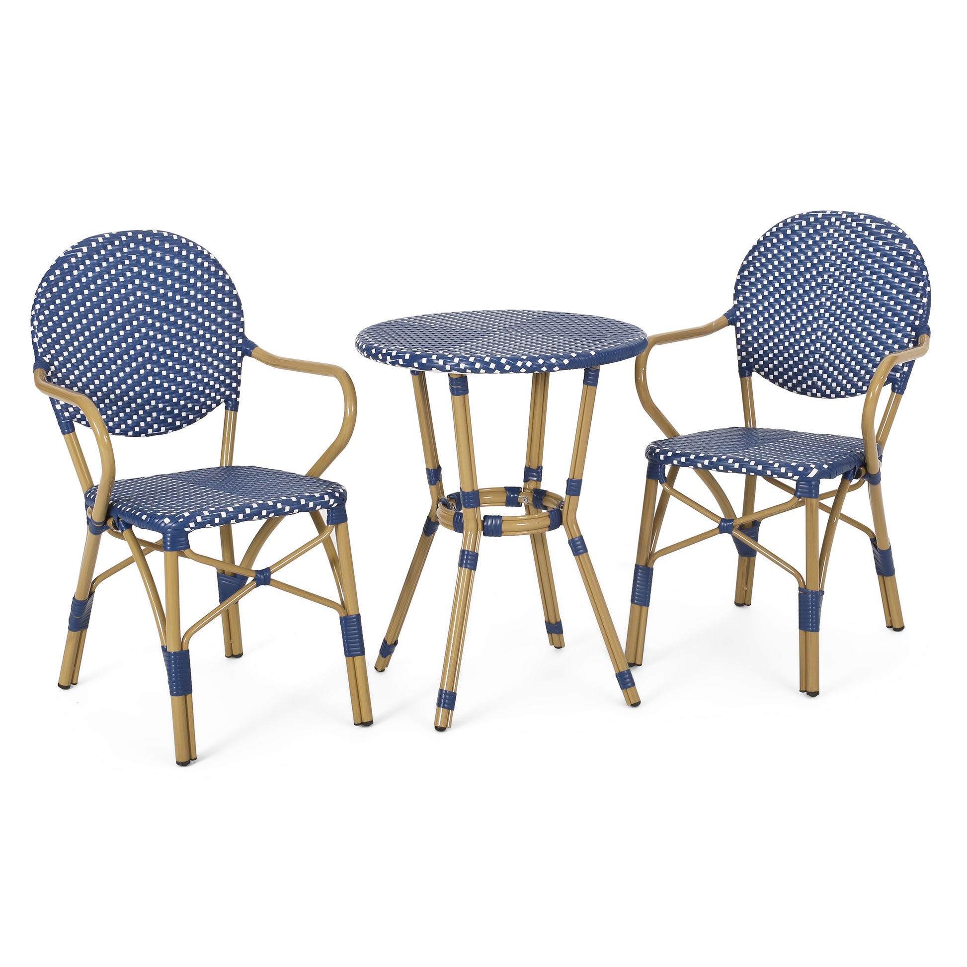 Outdoor Pe Rattan And Aluminum 3 Piece French Bistro Set, Dark Teal & White, And Bamboo Finish No Teal Blue,White Seats 2 Rust Resistant Frame Garden & Outdoor French 2 Person Seating Group Aluminum,Wicker