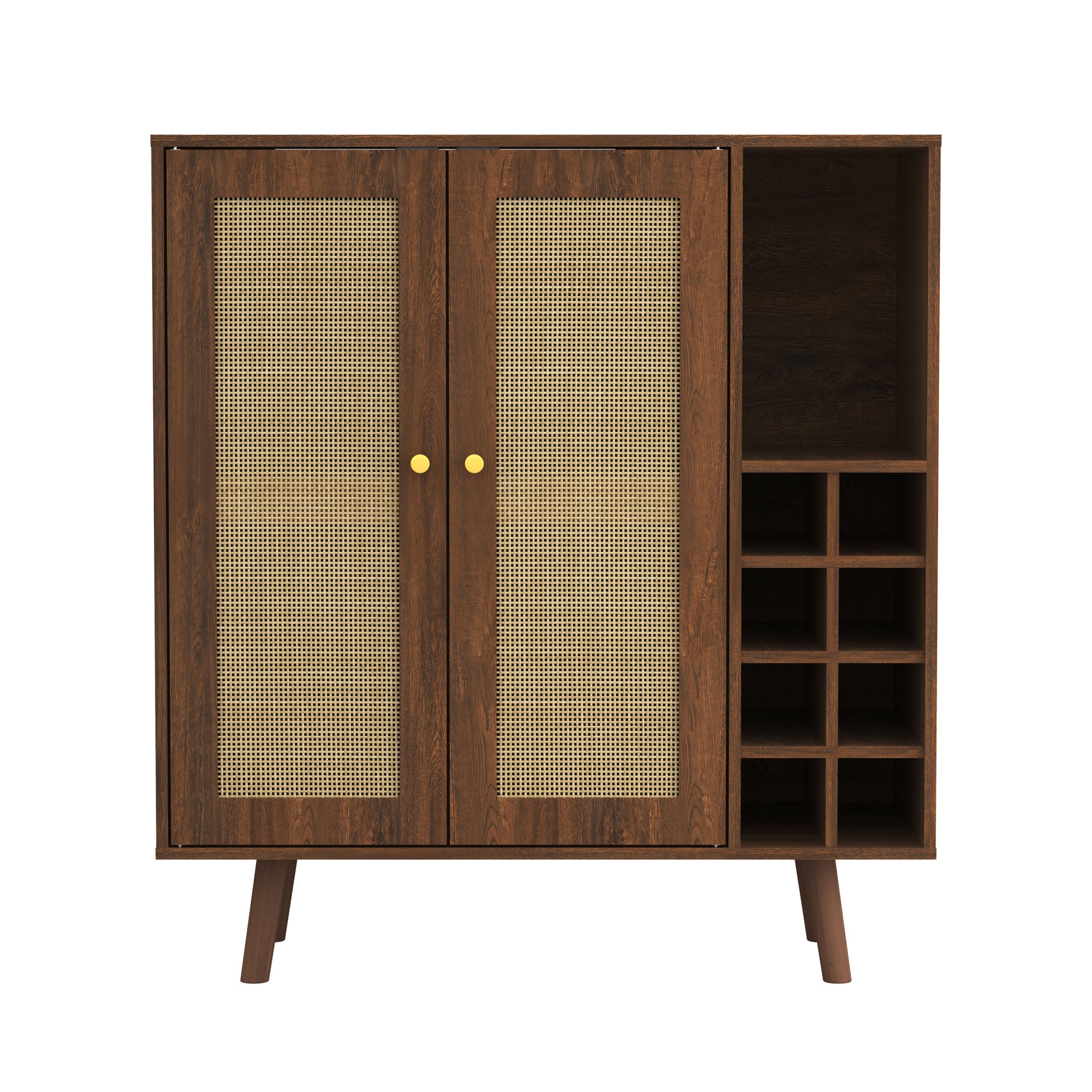 Bohemian Bar Cabinet, Natural Rattan Doors, Removable Wine Rack In Walnut Natural Walnut Boho Mdf