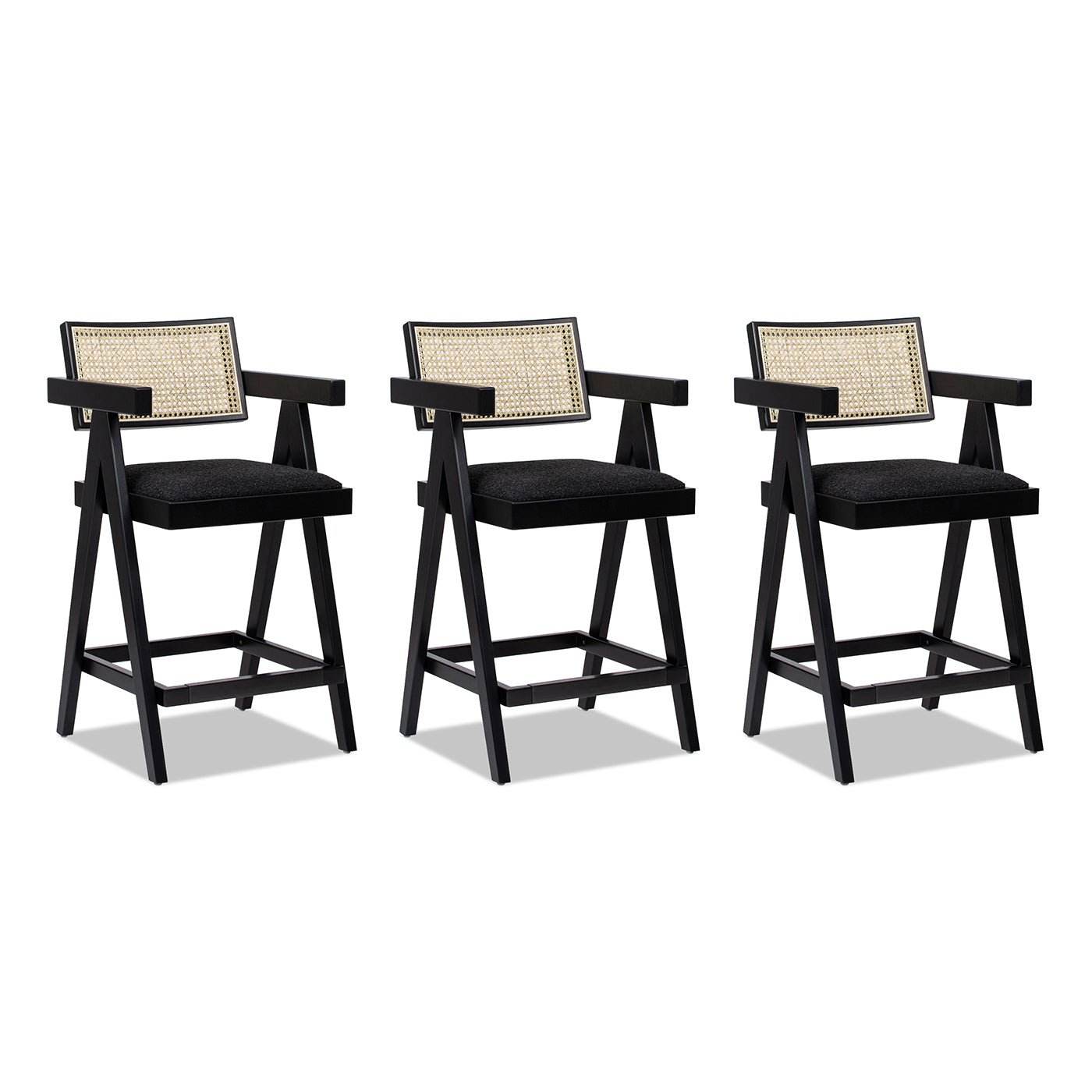 Milan 25.5" Modern Resin Webbing Back Bar Stool With Arms, Set Of 3, Ebony Black Boucle Black Foam Boucle