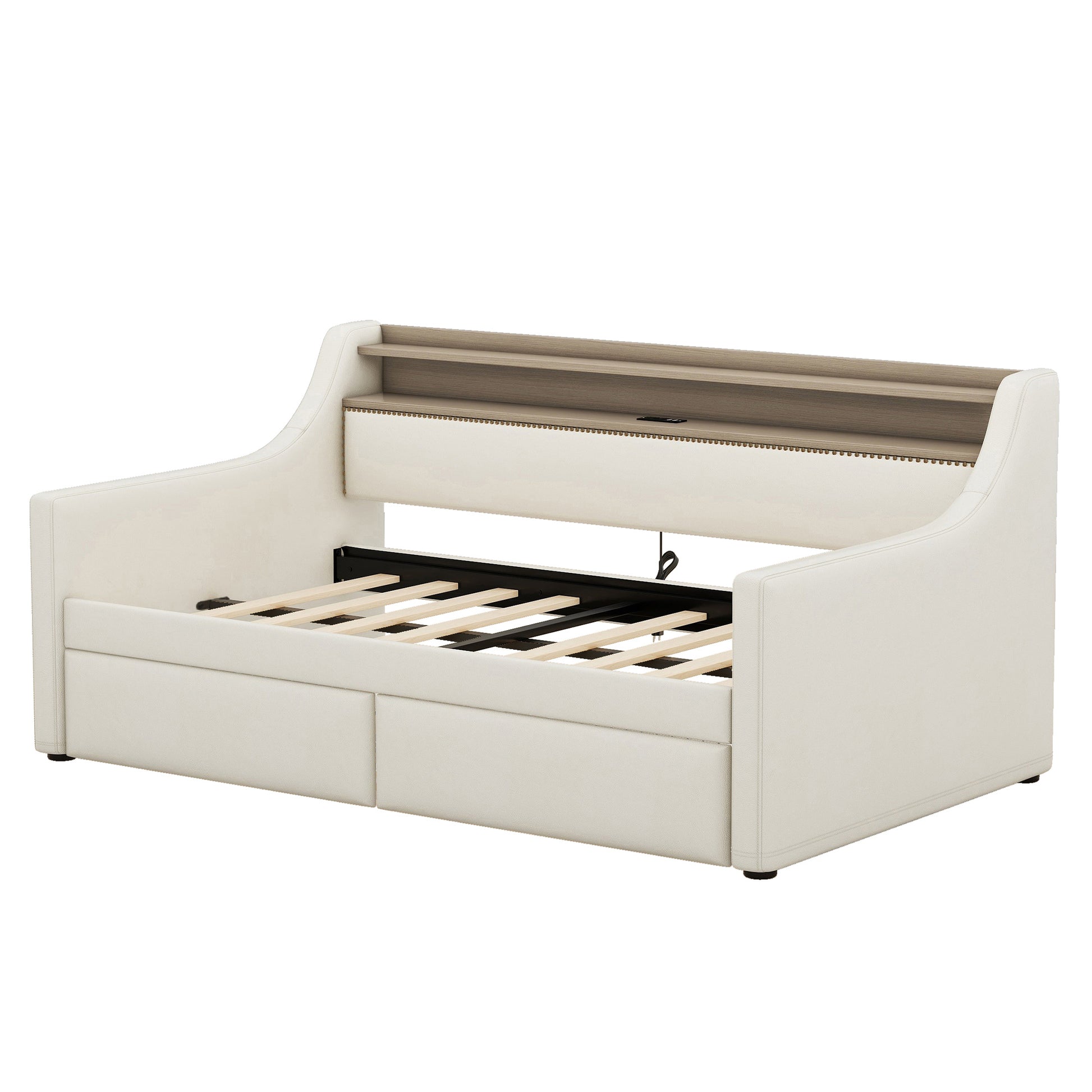 Twin Size Daybed With Storage Drawers, Upholstered Daybed With Charging Station And Led Lights, Beige Old Item W1580S00022 Twin Beige Pu Leather