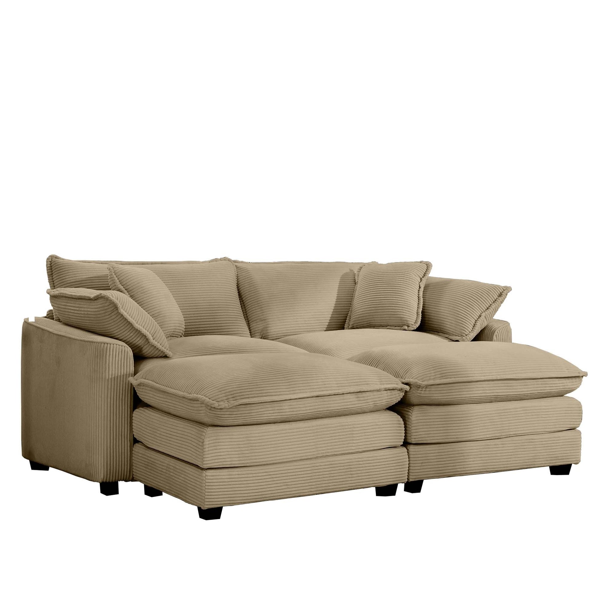 Corduroy Two Seater Sofa With 2 Footrest, 2 Seater Sofa With Ottoman For Small Living Spaces, Tan Corduroy Sofa Tan Corduroy 2 Seat
