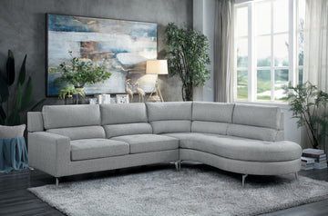 Contemporary Living Room Gray 2 Piece Sectional With Right Chaise Rounded End Plush Back Chrome Finished Legs Luxury Look Solid Wood Furniture Gray Polyester Wood Primary Living Space Contemporary,Modern Solid Wood 4 Seat