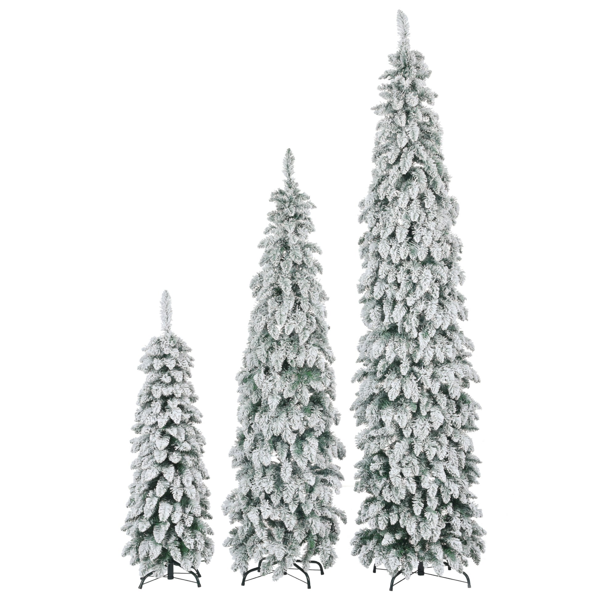 8Ft, 6Ft, 4Ft Pre Lit Pencil Christmas Trees, 3 Set Slim Artificial Christmas Tree With Snow Flocking, Xmas Holiday Decoration Tree, 1455 Branch Tips, 520 Led Lights, 11 Lighting Modes White Green Pvc