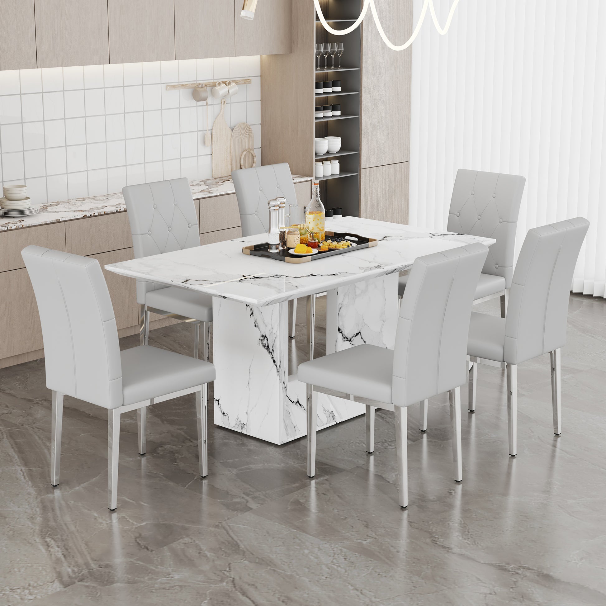 Table And Chair Set.63"X35.4" White Marble Patterned Mdf Dining Table Set With 6 Armless Light Gray Pu Chairs.Showcasing A Modern And Stylish Look. Light Gray,White Seats 6 Mdf Metal