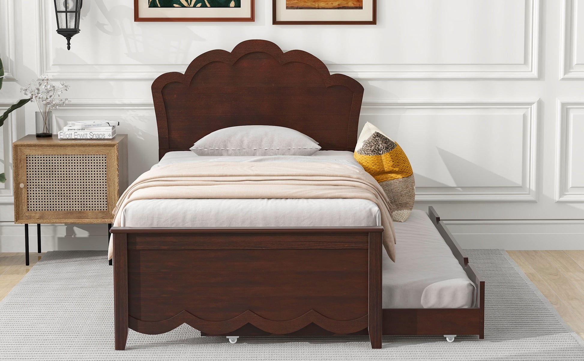 Twin Size Wood Platform Bed With Headboard And Twin Size Trundle, Cappuccino Box Spring Not Required Twin Cappuccino Wood Bed Frame Solid Wood Mdf