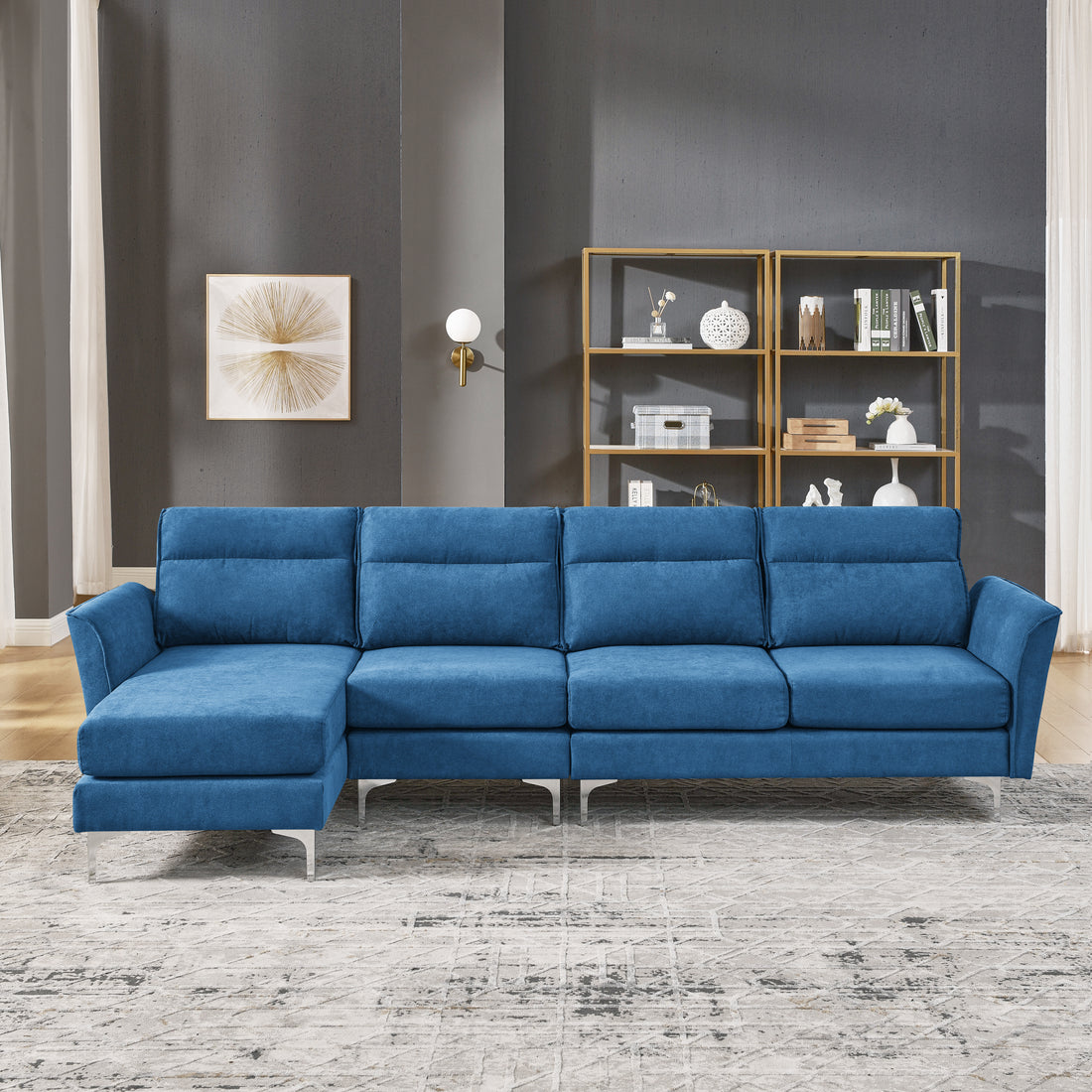 Modern Sofa 5 Seat Couch With Stainless Steel Trim And Metal Legs For Living Room,Navy Blue Navy Blue Foam 5 Seat