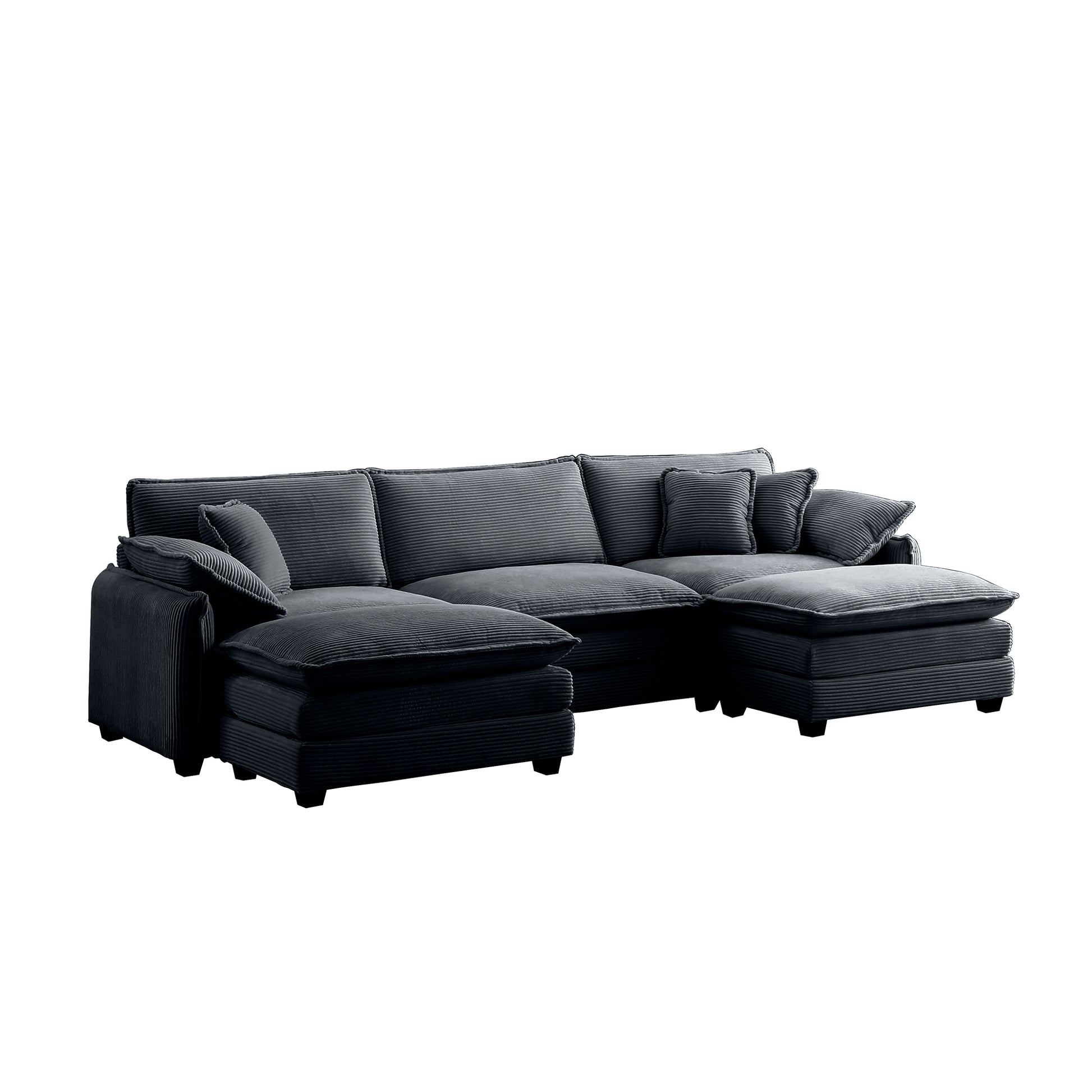 Oversized Modular Cushioned Sofa With Conversible Ottoman, 3 Seater Sofa With 2 Footstools, U Shape Sofa Ingrey Corduroy Fabric Grey Corduroy 3 Seat
