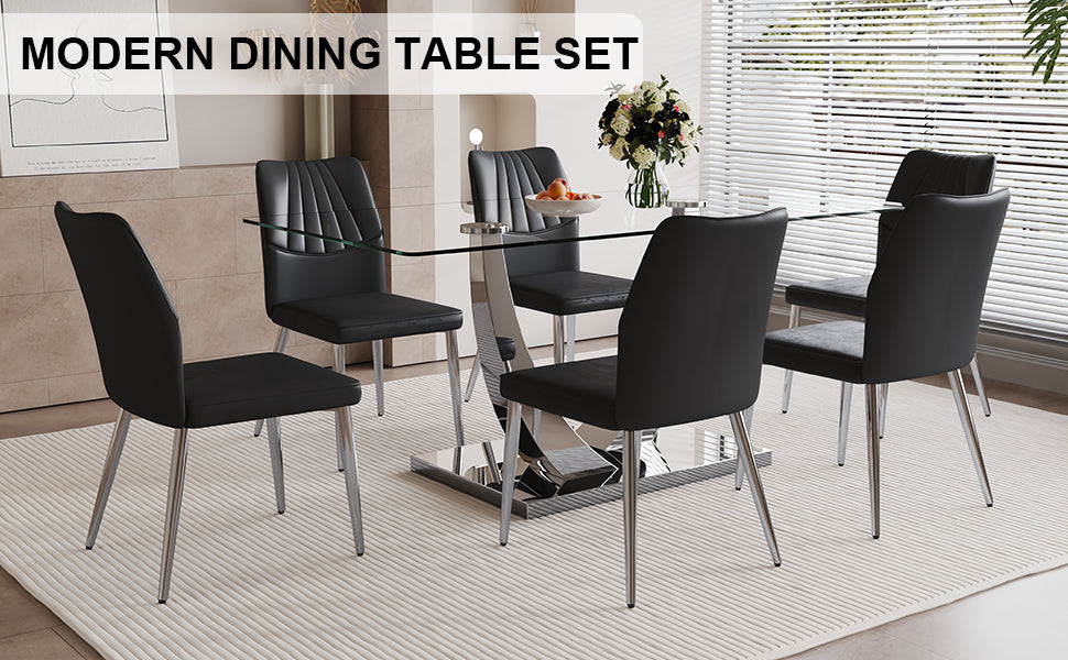 Table And Chair Set.Contemporary, Minimalist Rectangular Dining Table Featuring A Clear Tempered Glass Top And Sleek Silver Legs. Paried With Chairs Made Of Pu Material Cushion And Silver Metal Legs. Black Seats 6 Glass Metal