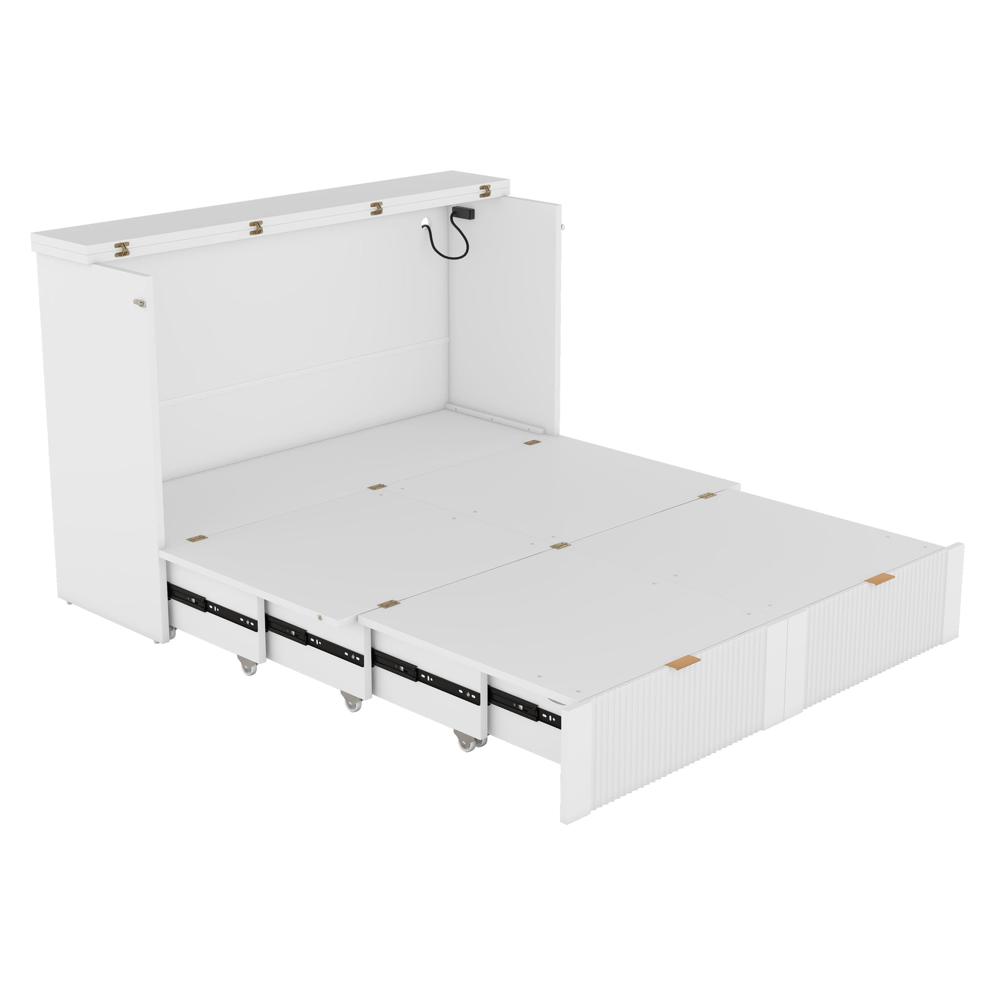 Full Size Murphy Bed With Drawer And A Set Of Sockets & Usb Ports, Pulley Structure Design, White Full White Plywood