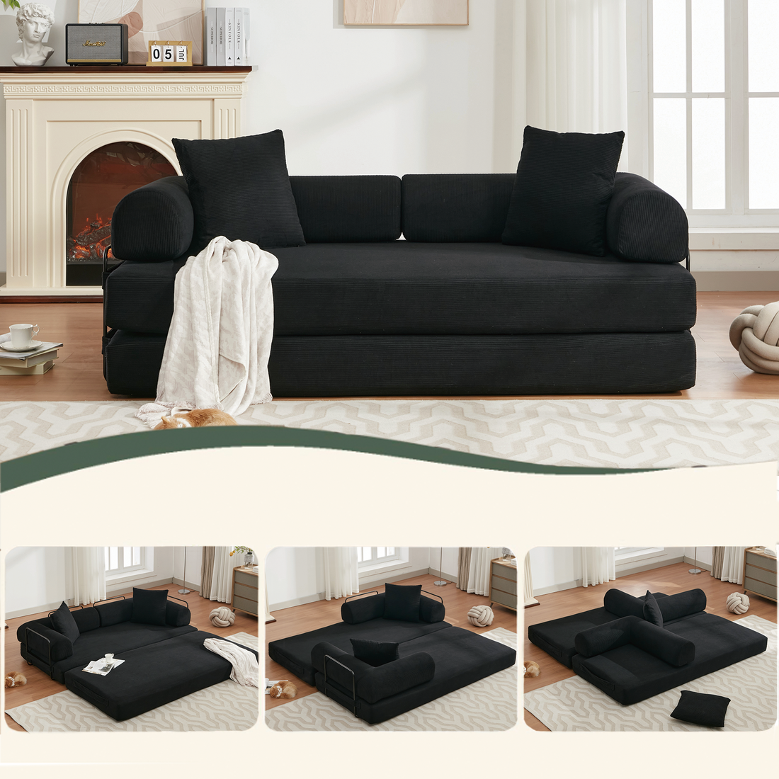 Arrived 78.5" Folding Convertible Out Sleeper Sofa Bed,4 In 1 Diy Combination Convertible Sofa,3 Seat, Folding Sofa, King Sizebedroom,Apartment,Corduroy,Green,Black Black Polyester Primary Living