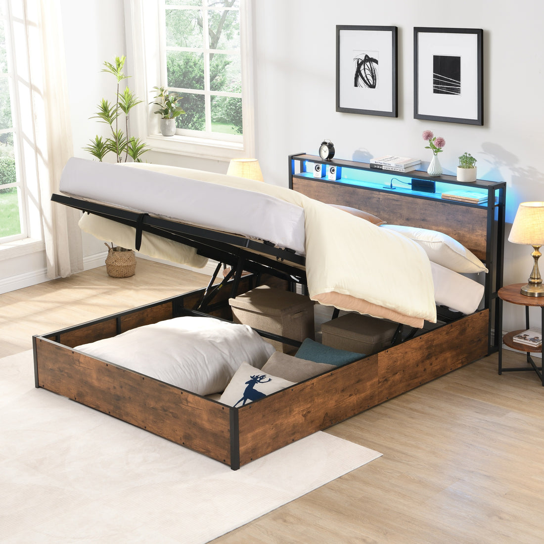 Lift Up Storage Bed Frame, Queen Size Bed Frame With Bookcase Headboard & Led Lights, Wooden Platform Bed Frame With Charging Station, No Spring Box Needed, Rustic Brown Box Spring Not Required Queen Rustic Brown Metal Brown Bedroom Industrial Bed Frame