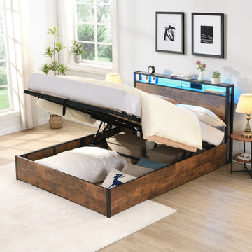 Lift Up Storage Bed Frame, Queen Size Bed Frame With Bookcase Headboard & Led Lights, Wooden Platform Bed Frame With Charging Station, No Spring Box Needed, Rustic Brown Box Spring Not Required Queen Rustic Brown Metal Brown Bedroom Industrial Bed Frame
